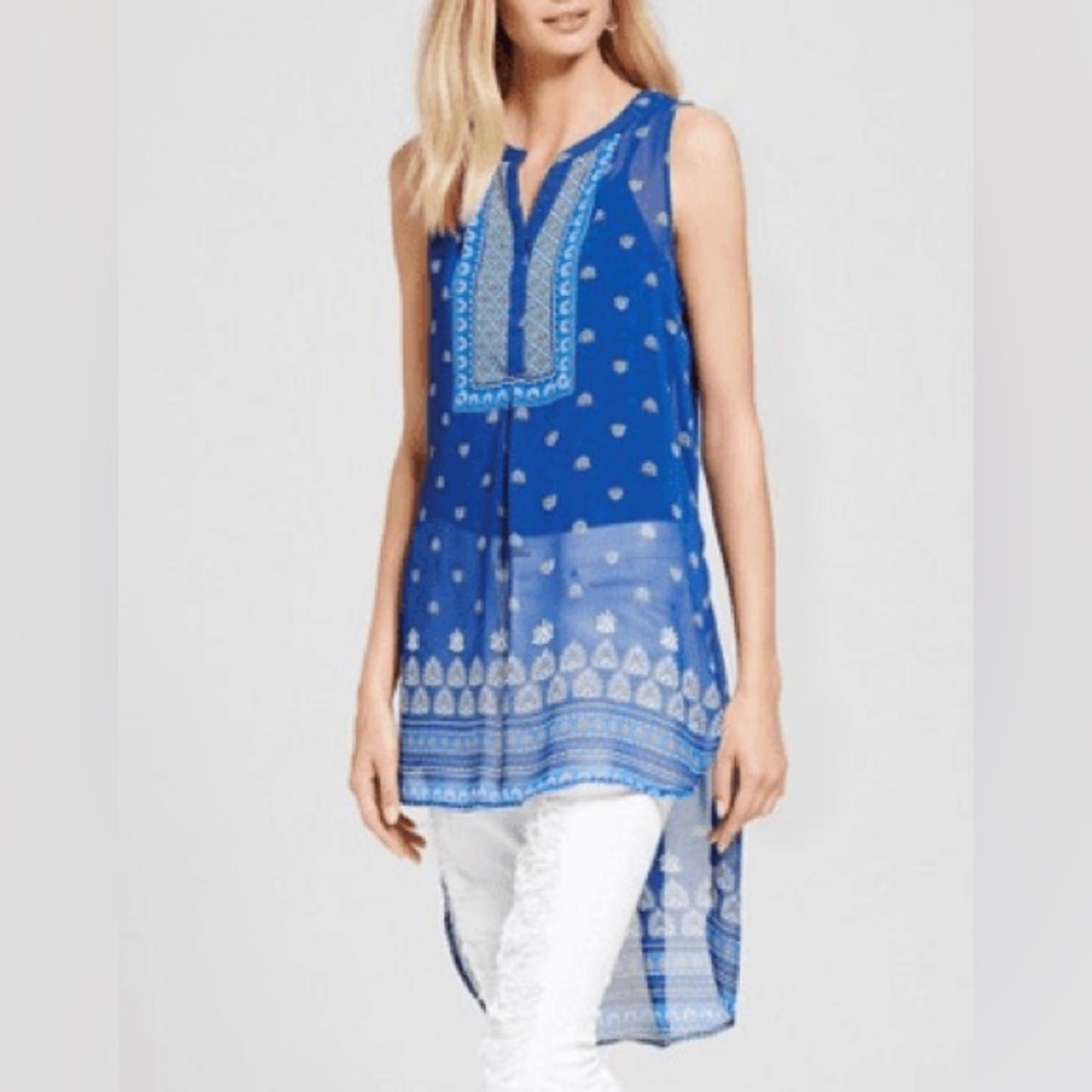Knox Rose blue turquoise & white ikat print long sleeveless tunic top